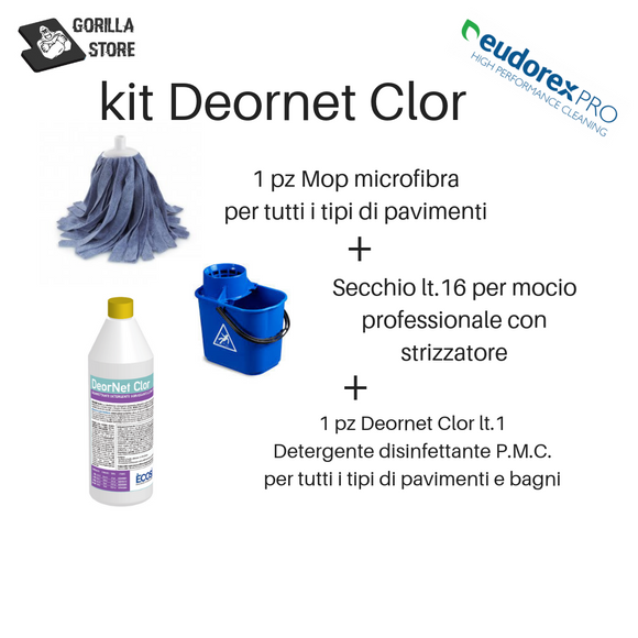 Kit deornet clor + secchio lt.16 c/strizzino + mop microfibra